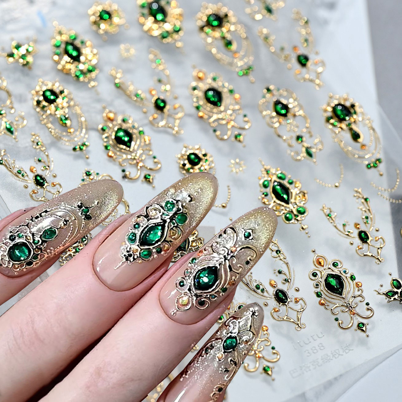 Nail Art Emerald Green - 5D reliëf smaragdgroene edelstenen nail art