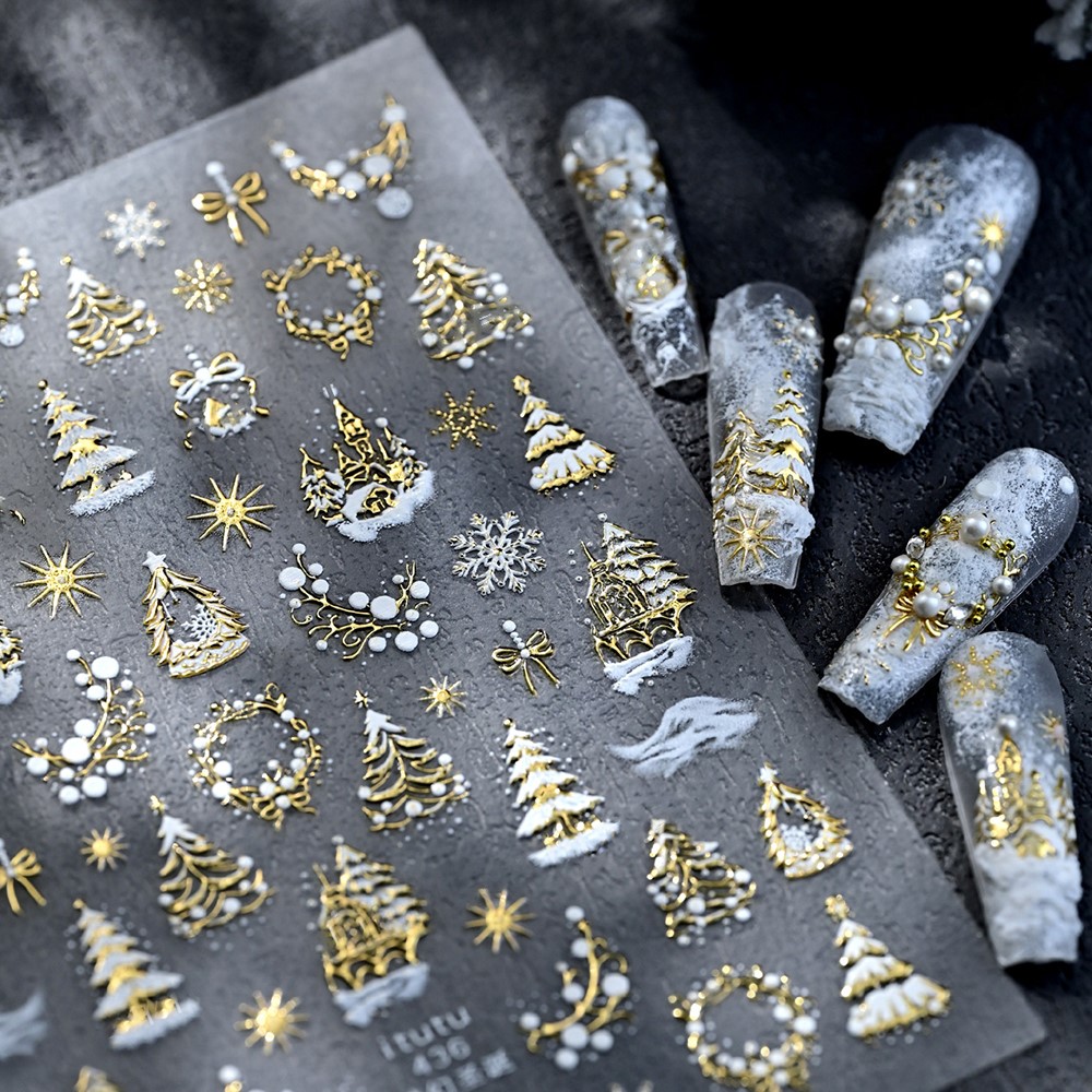 Nail Art Xmas Tree - 5D reliëf gouden kasteel/slinger/kerstboom nagelstickers witte